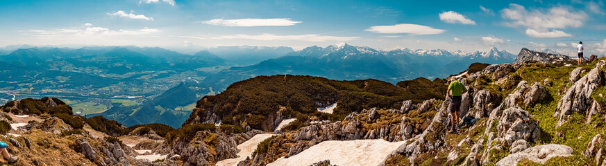 Fototapeta na wymiar High resolution stitched panorama with the Watzmann summit at the Untersberg mountain, Groedig, Salzburg, Austria