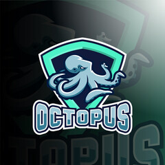 Logo of a sports club or cyberclub in the form of an octopus. Aggressive blue octopus