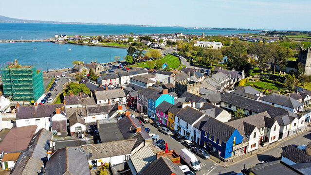 Aerial photo of Colourful houses in Carlingford Village and Lough Co Louth Irish Sea Ireland