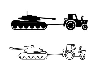 tractor pulls tank silhouette on white background