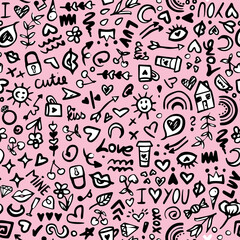 Doodled lovecore seamless repeat pattern. Random placed, vector hand drawn love themed scribbles all over print on pink background.