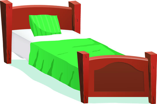 Cartoon Wood Bed With Green Blanket Illustration of a cartoon wooden children bed for boys and girls with pillows and green blanket.