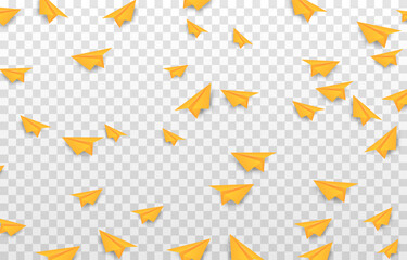Vector paper planes png. Yellow paper plane on isolated transparent background. Airplane origami. School. PNG.
