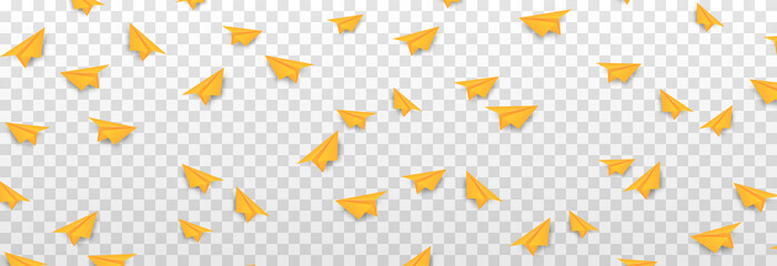 Vector paper planes png. Yellow paper plane on isolated transparent background. Airplane origami. School. PNG.