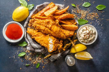 Fish and chips is a popular hot dish consisting of fried fish in crispy batter, served with chips.