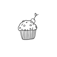 Cupcake with cherry on top. Hand drawn line vector illustration.