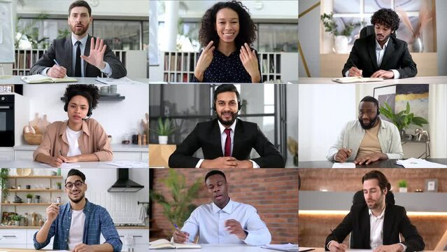 Online video conference with diversity people. Collage of a faces of multiracial group of successful smiling men and women, of different ages, gathered for online brainstorming, discussing project