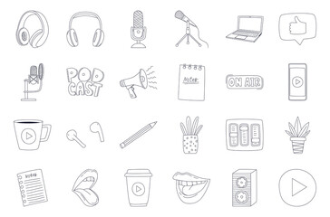 Set of doodle outline icons, symbols of a podcast, radio show, broadcast. Microphones, laptop, pencil, hand lettering. Linear elements for web design. Black white vector illustration isolated white