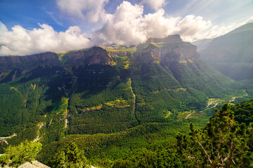 Obraz premium Aerial view of the Ordesa valley in the Pyrenees of Spain.