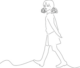 Continuous line drawing girl walking.