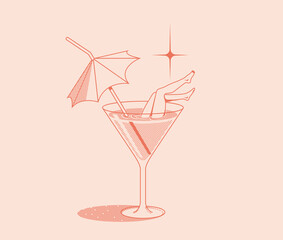 Summer vacation concept retro illustration with summer cocktail glass with umbrella and woman legs isolated on pink background. Vector illustration - obrazy, fototapety, plakaty