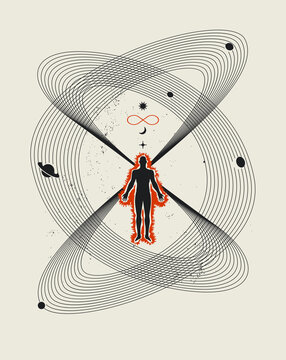 Human universe conceptual spiritual illustration about human imagination or dreams with man body silhouette surrounded by planets. Vector illustration