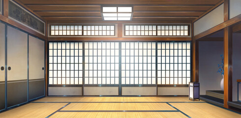Japanese Traditional Interior - Close the door, 2D Anime background, Illustration.	