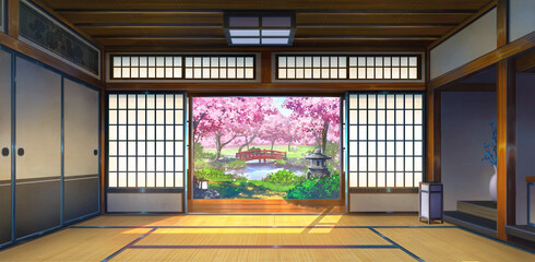 Japanese Traditional Interior - Sakura in spring, 2D Anime background, Illustration.	