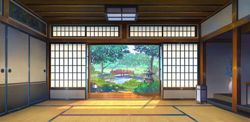 Japanese Traditional Interior - Day, 2D Anime background, Illustration.	
