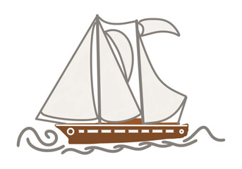 Sailboat, boat with white sails on the waves, color illustration, on a transparent background, drawing for design and print