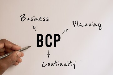 Businessman explaining acronym BCP Business Continuity Plan on white board.