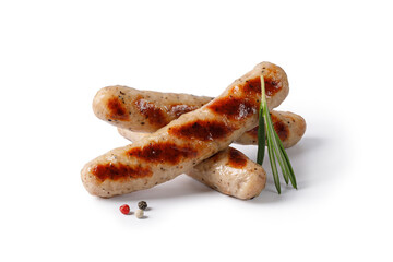 Grilled sausages isolated on white background with rosemary, pepper. Barbecue, BBQ.