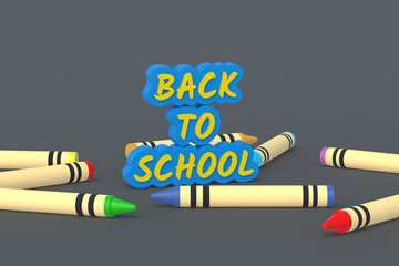 Word back to school near colorful crayons, wax pencils. Education concept. 3d render