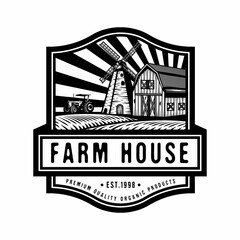 Farm house in green field with windmill and farming old tractor badge design