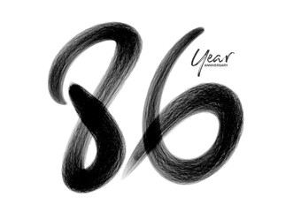 86 Years Anniversary Celebration Vector Template, 86 Years  logo design, 86th birthday, Black Lettering Numbers brush drawing hand drawn sketch, number logo design vector illustration