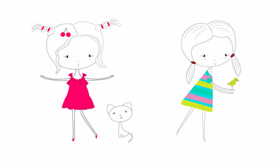 Cartoon girls with a cat and a bird. Funny and cute characters. Isolated vector illustration for print, surface design, fashion.
