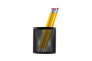 Metal pencil holder isolated on white background. Grid pot. Stationery accessories. 3d render
