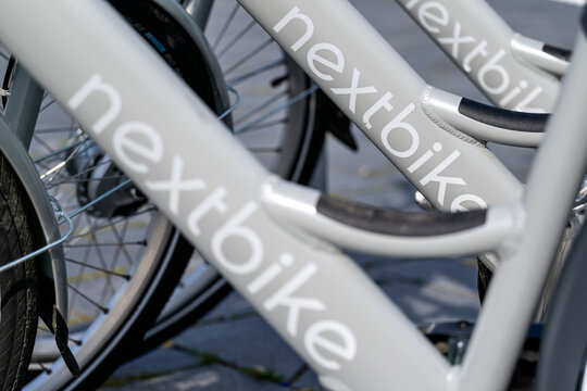 ECKERNFÖRDE, GERMANY - JUNE 8, 2022: nextbike labels at sharing bikes