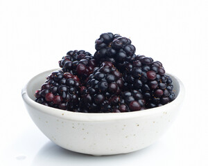 Small bowl of blackberries on white background. Freshly picked organic berries with water droplets in a small white bowl. 