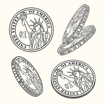 Set of rotating one dollar coins with statue of liberty. Money set. Isolated vector illustration.