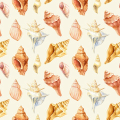 Watercolor hand drawn vintage sea background for wallpaper. Seamless pattern with seashells. 