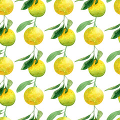 Seamless orange fruits pattern. Watercolor summer background with orange and yellow fruit on branches for textile, kitchen decor, holidays fabric texture