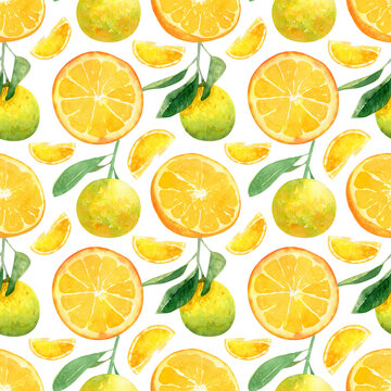 Seamless oranges pattern. Watercolor background with sweet juice orange fruits and slices for summer textile, kitchen decor, wallpaper