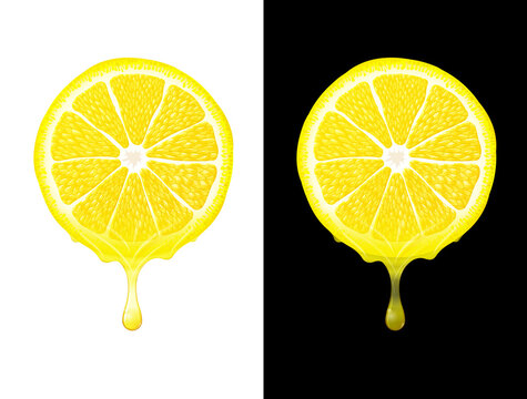 Lemon slice with drops of fresh juice isolated on white and black. Lemon juice flows from round cut of orange fruit. Vector image for fresh drinks, agriculture, healthy nutrition, cooking, gastronomy