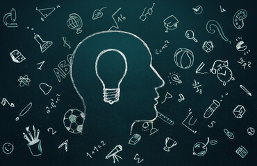 idea and eduction concept. Light bulb with hand drawn school doodle icons. Studying, knowledge, learning idea. Cpy space.