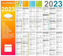 Calendrier 2023 14 mois avec vacances 2023 entièrement modifiable via calques	