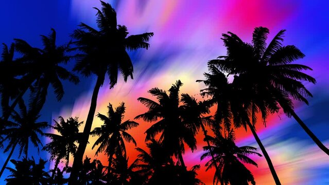 Bottom view of silhouettes of palm trees with leaves moving in the wind, against the backdrop of a colorful sky with an acid fast clouds.