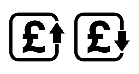 Set of cost symbol pound increase and decrease icon. Money vector symbol isolated on background