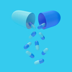 Pills fall out of a blue open medical capsule. 3d illustration