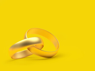 Two gold wedding rings are connected. 3d illustration