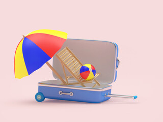 An open travel suitcase contains a sun lounger with a sun umbrella and a ball. 3d illustration