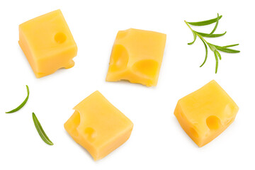 cheese slices with rosemary isolated on white background. Clipping path and full depth of field