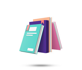 Book 3D Icon. Stack of books 3D icon for education, student  and school concept. Different colors of books isolated on white background. Green, purple, yellow and pink color. 3D rendered Illustration.