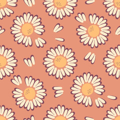Aesthetic seamless pattern with daisies in hippie style. Simple floral print for T-shirt, poster, fabric, textile. Hand drawn vector illustration for decor and design.