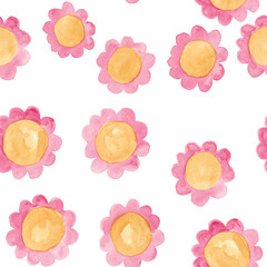 Pink with yellow flowers watercolor painting - seamless pattern with blossom on white background