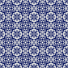 Seamless ornamental pattern, imitation of Portuguese ceramic azulejo tiles. Swatch is included.