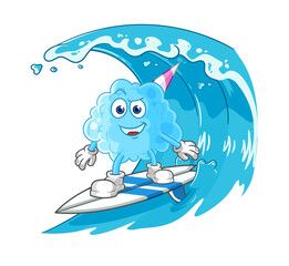 cotton candy surfing character. cartoon mascot vector