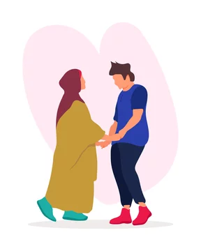 Modern Muslim couple in love, illustrated on a heart shape background.  Niqab woman holding hands of her husband flat style cartoon vector. Islamic,  moslem couple falling in love clipart. Stock Vector |