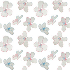 Seamless pattern white flower drawn with wax crayons on a white background. For fabric, sketchbook, wallpaper, wrapping paper.