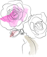 Flower bouquet in woman head single line art. Vector line illustration.